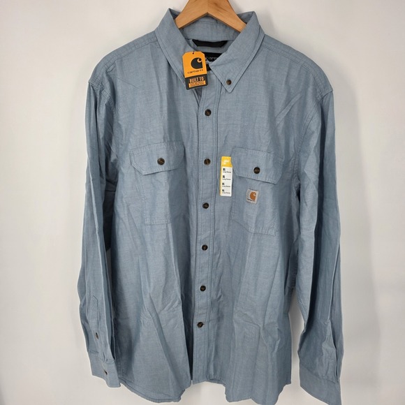 Carhartt Mens XL Reg Long Sleeve Blue Chambray Loose Fit Button Down NWT - Picture 2 of 8